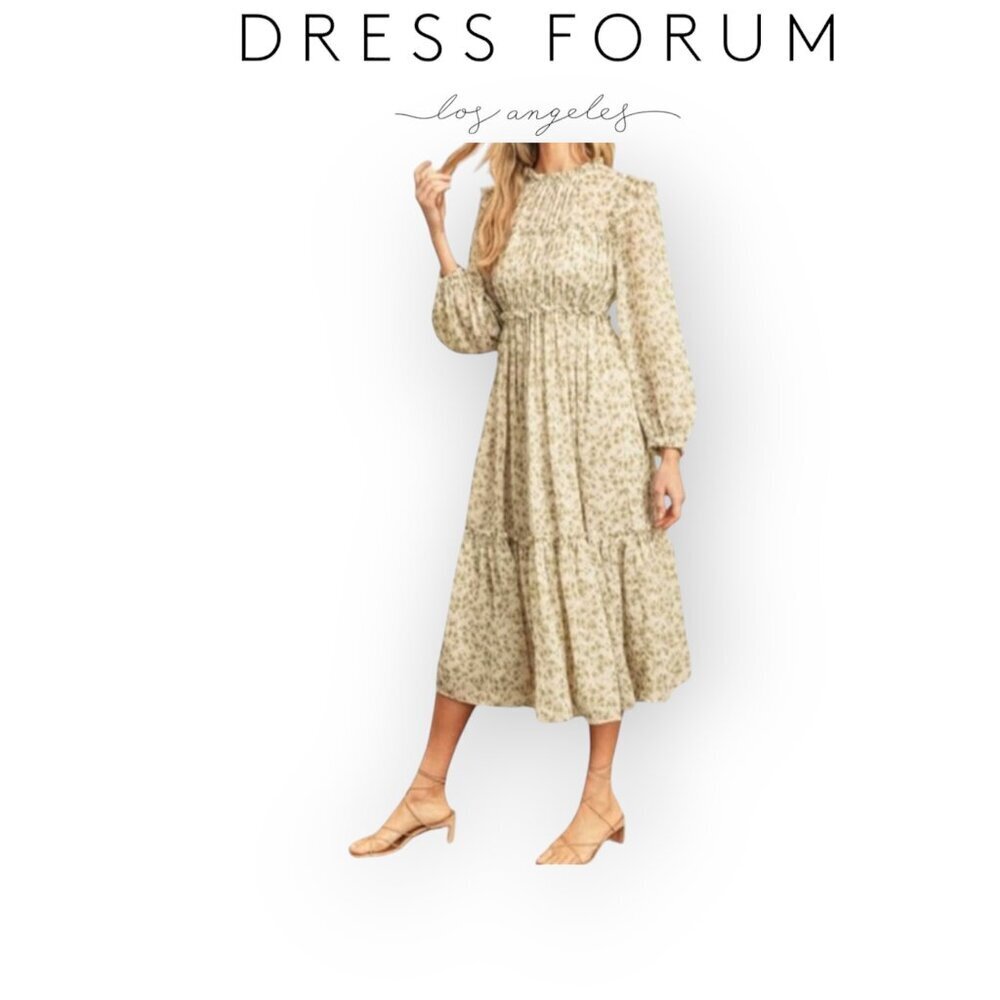 Dress Forum Floral Prairie Tiered Midi Maxi Dress Cream Green Cottagecore S